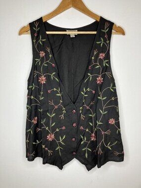 Putumayo Women's M Black Floral Embroidered Vest Top Tie Back Sleeveless